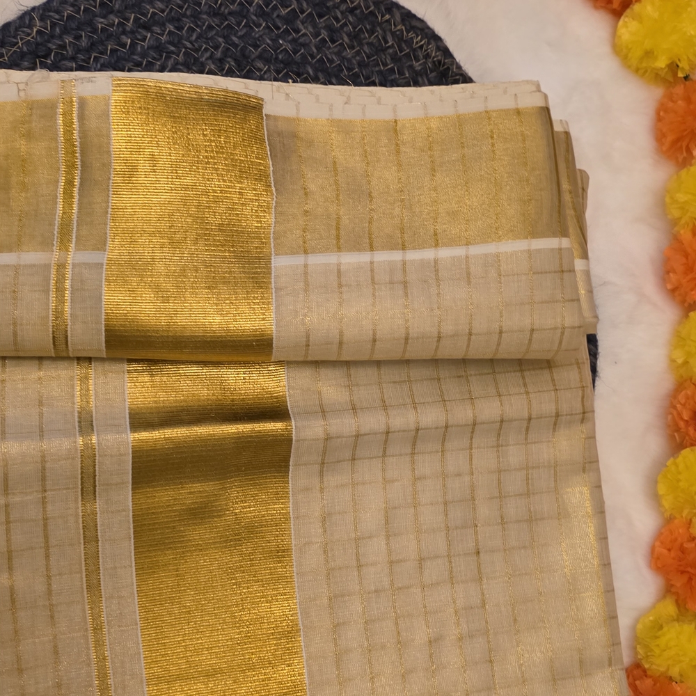 Elegant Gold and Cream Saree Onam Saree with ready-to-wear draping included